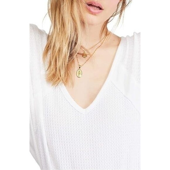 Free People Large Santa Clara Thermal Top Alabaster Ivory Waffle Knit V-Neck NWT - Picture 14 of 16